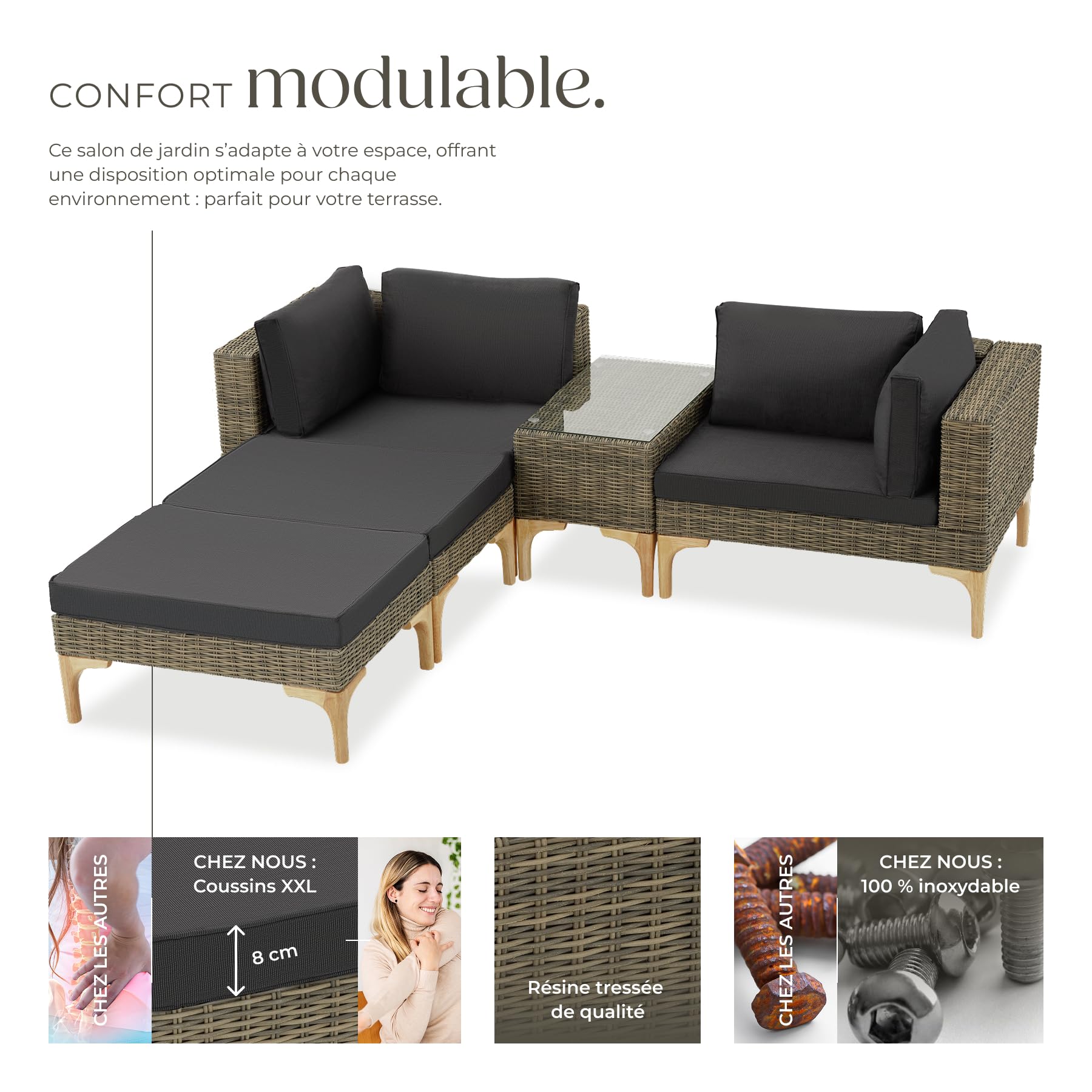 tectake® Ensemble Salon de Jardin Exterieur en Poly Rotin et Aluminium Modulable Bain de Soleil 4 Places 1 Canapé 2 Tabouret Pouf et 1 Table de Jardin, Mobilier de Jardin, Amenagement Balcon Terrasse