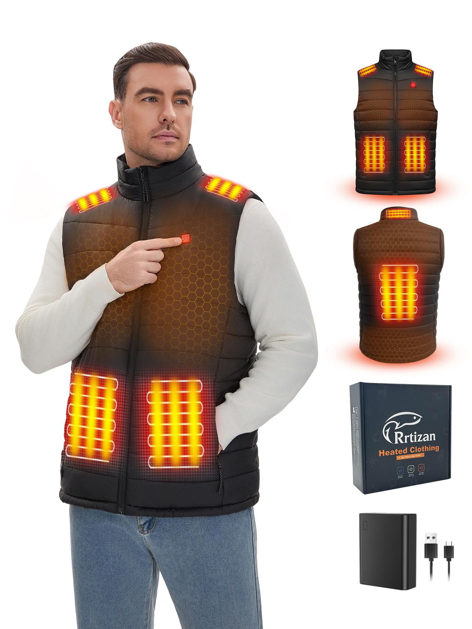 Rrtizan Heated Vest for Men,Lightweight Electric Heating Vest with Battery Pack for Winter Outdoor Hunting Skiing Hiking work (US, Alpha, 3X-Large, Regular, Regular, Black-899)