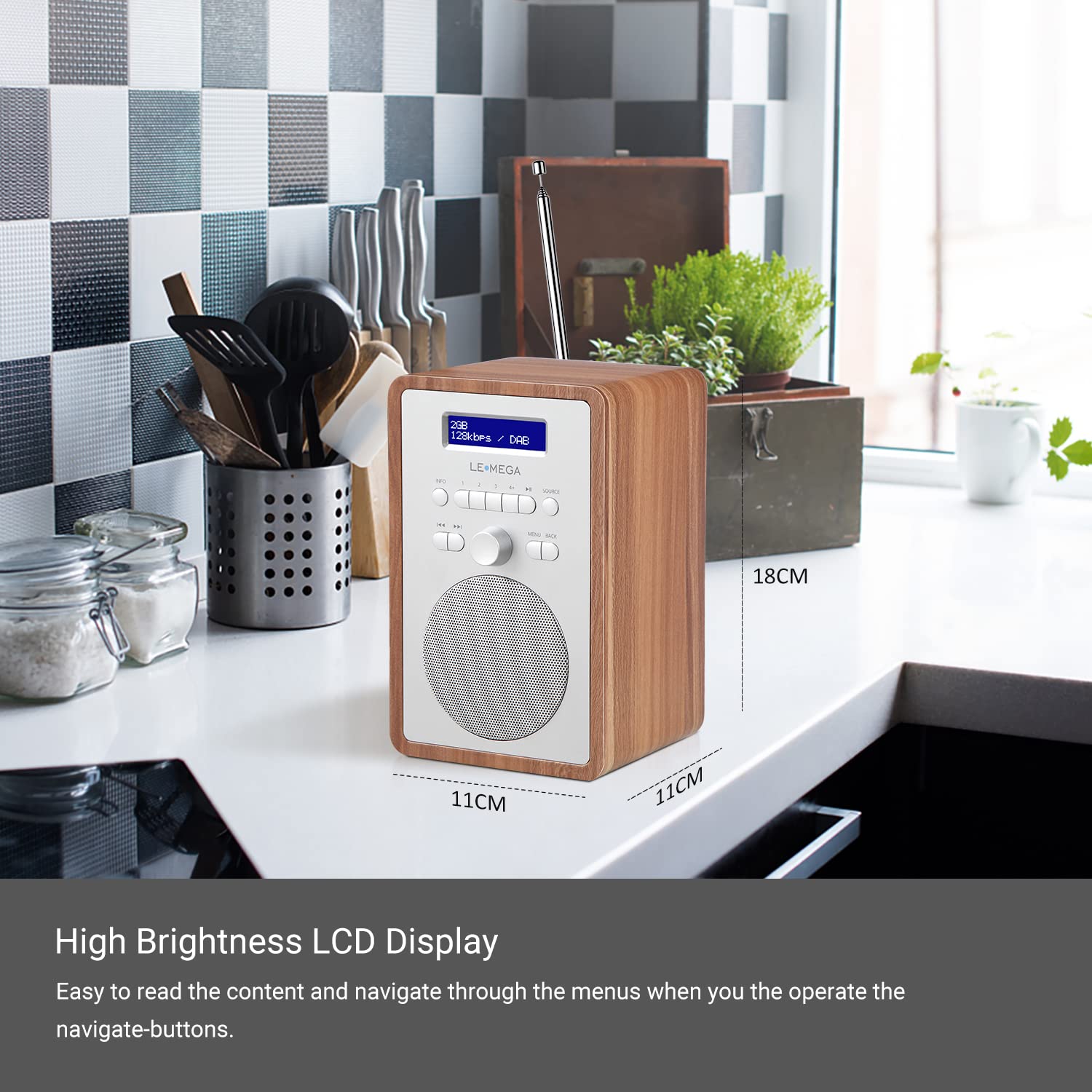 LEMEGA CR2+ DAB/DAB+ Digitalradio,UKW-Digitalradio,DAB-Radio Netzbetrieben,Doppelter Wecker,Küchen-Schlaf-Snooze-Timer,20 voreingestellte Sender,Kopfhörerausgang,Holzeffekt (Walnuss)