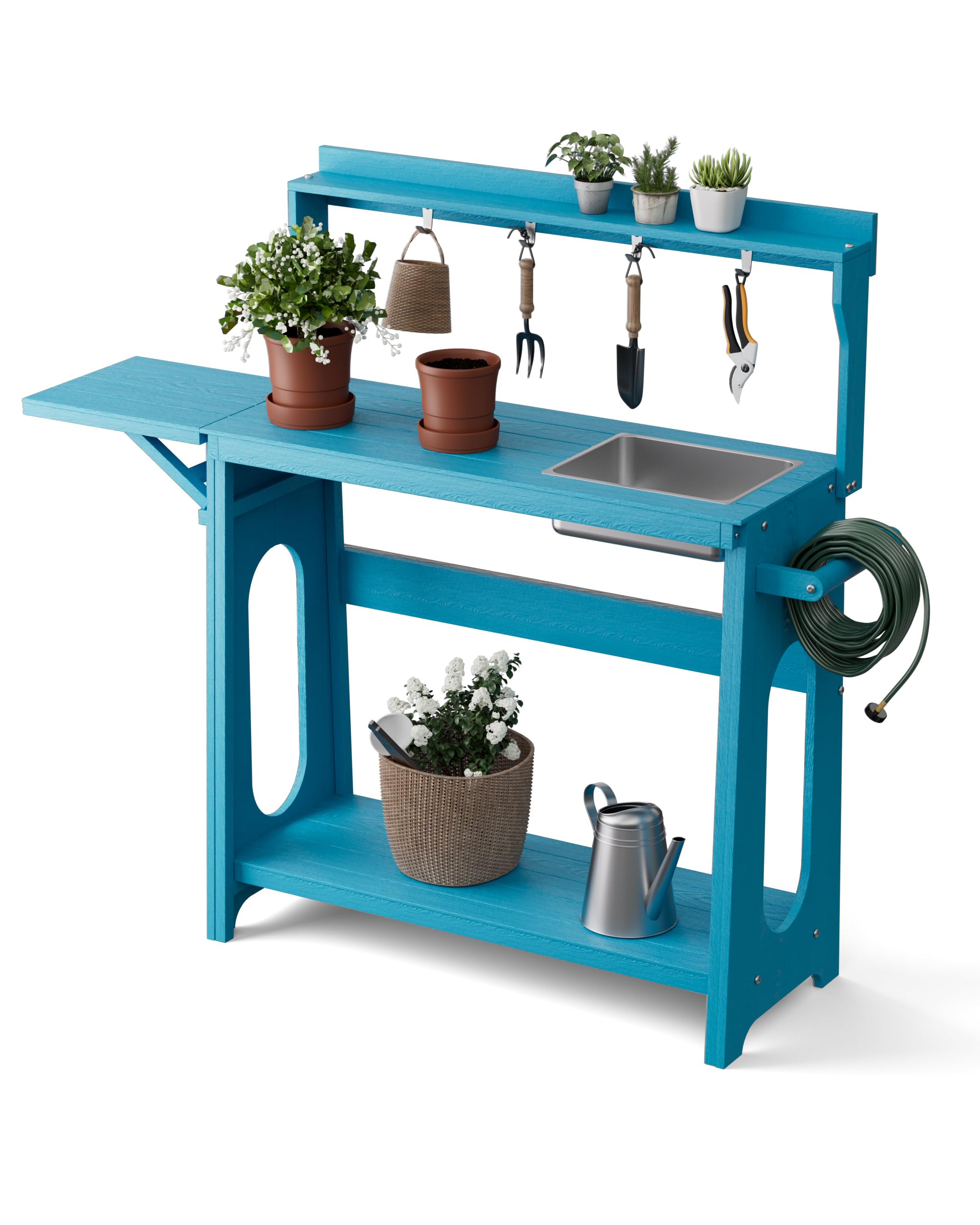 Pflanztisch Outdoor HIPS mit klappbarer Erweiterung, abnehmbarem Spülbecken, Gartentisch mit Ablagen & Werkzeughaken, wetterfest für Garten, Terrasse & Balkon, Blau