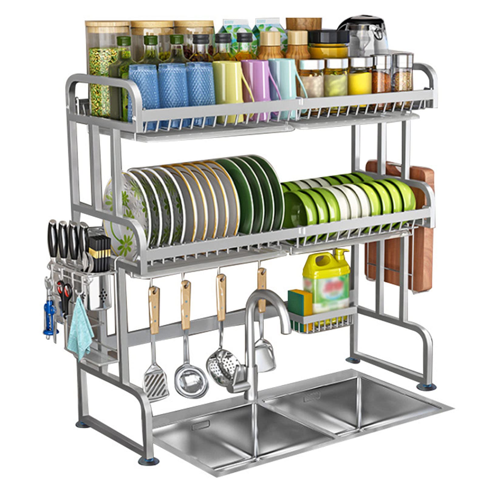 SaryEdge Dish Drying Rack, Space-Saving Adjustable Over-The-Sink Dish Rack, Large Capacity Multifunctional Kitchen Counter Organization and Storage 2-Tier Stainless Steel Drain,95cm