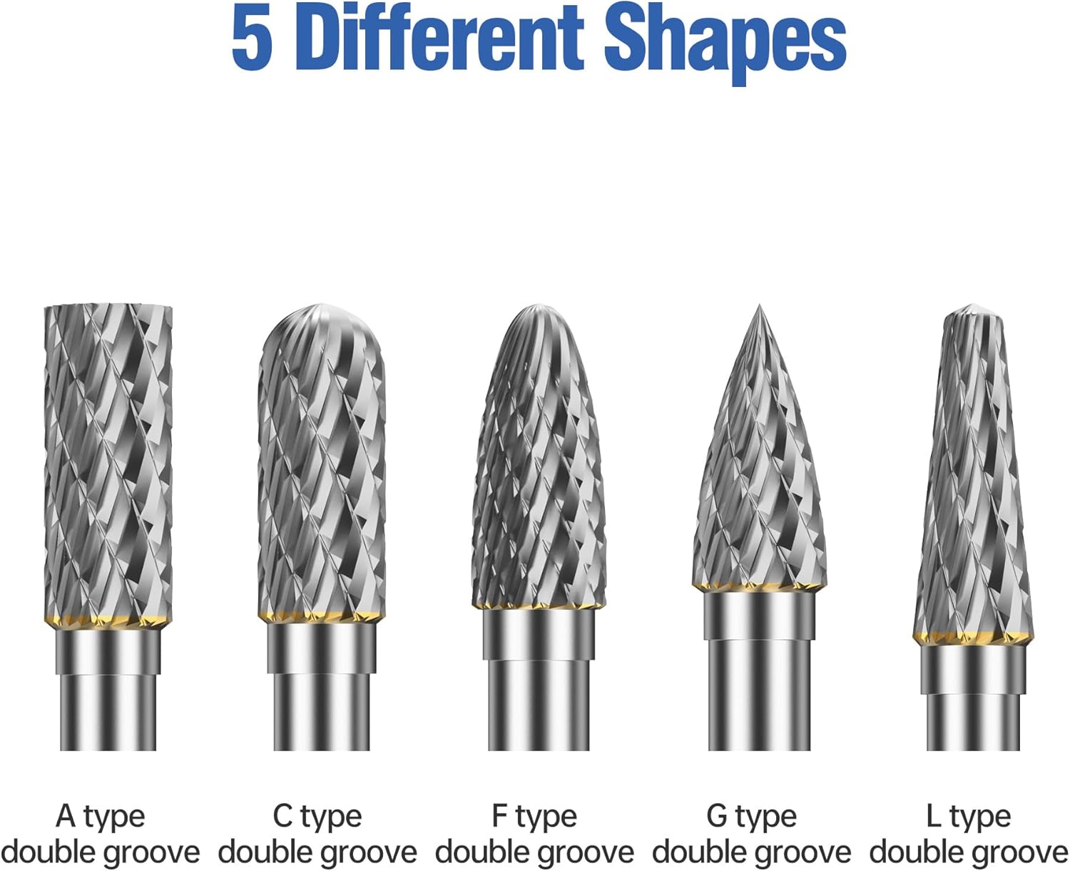 HUHAO Carbide Rotary Burr Set for Dremel, 5PCS Carbide Double Cut Carving Burr Bits with 1/4" Shank Rotary Tool Accessories for Woodworking, Engraving, Drilling, Steel Metal Working,8mm