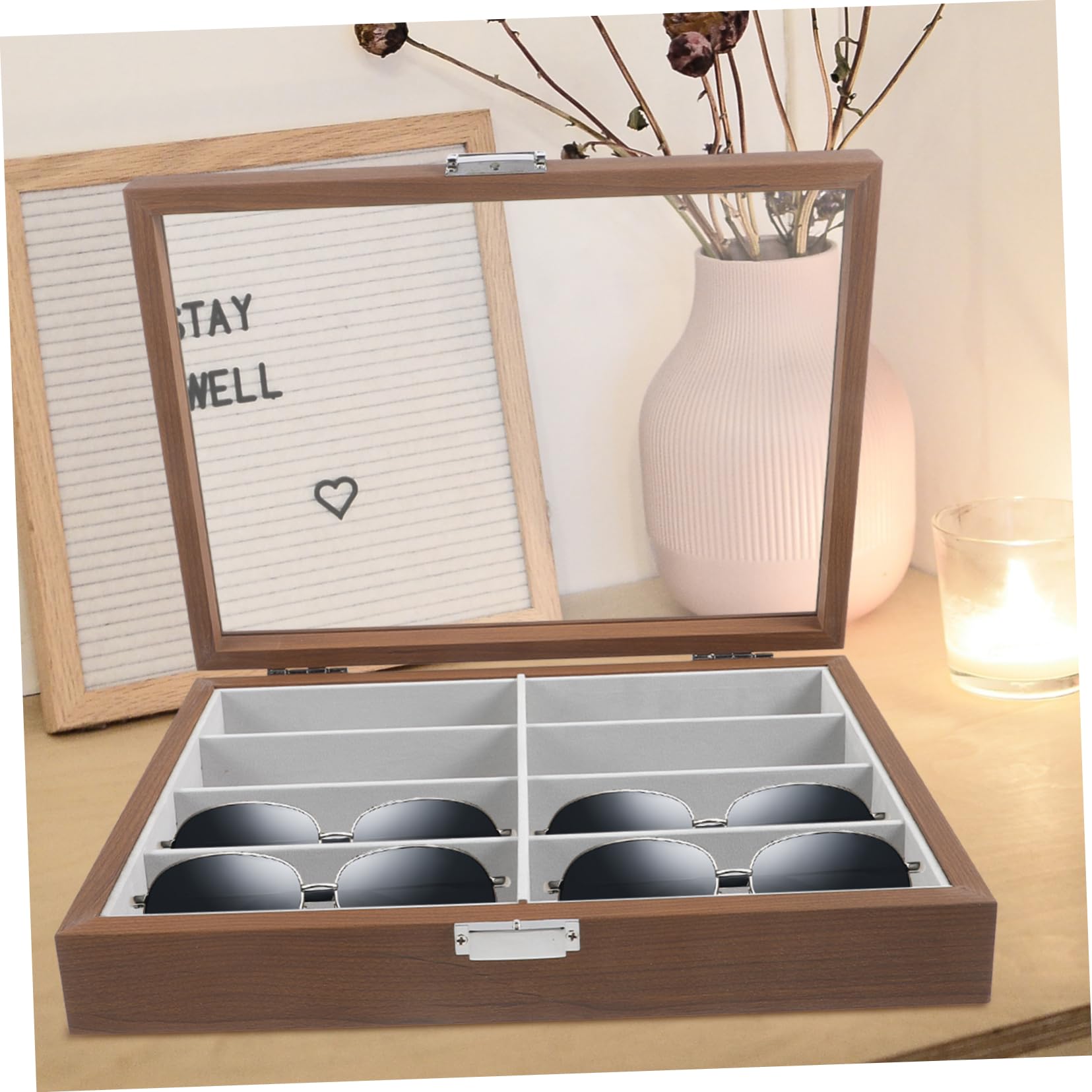 STOBAZA Sonnenbrillen-aufbewahrungsbehälter Brillenbox Aus Holz Mit Vitrine Brillen-organizer Mit 8 Fächern Kratzfrei Vielseitig Einsetzbar Dekoration Für Zuhause Und Geschäft