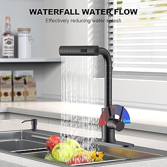 Kitchen Faucets with Pull Down Sprayer & Soap Dispenser, Single Hole & Handle, Oil Rubbed Bronze, Pull Out Tap, Stainless Steel Waterfall Sink Faucet Suitable for Farmhouse Camper Laundry Rv