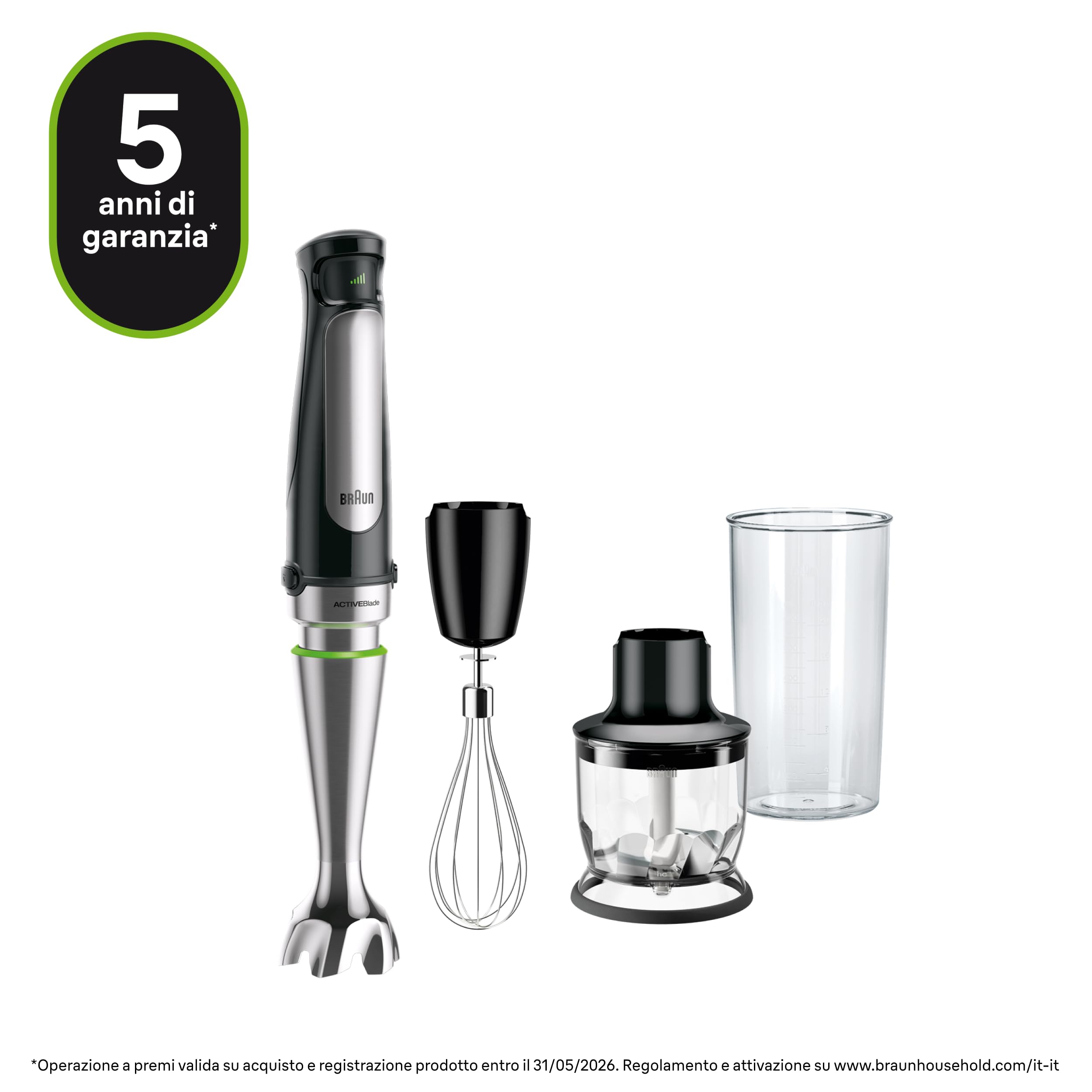 Braun MultiQuick 7 - Frullatore a Immersione con Tecnologia SplashControl, ActiveBlade, Selezione di Velocità Precisa, Tritatutto 350 mL, Frusta, Bicchiere 600 mL, 1000W, Nero (MQ7025X)