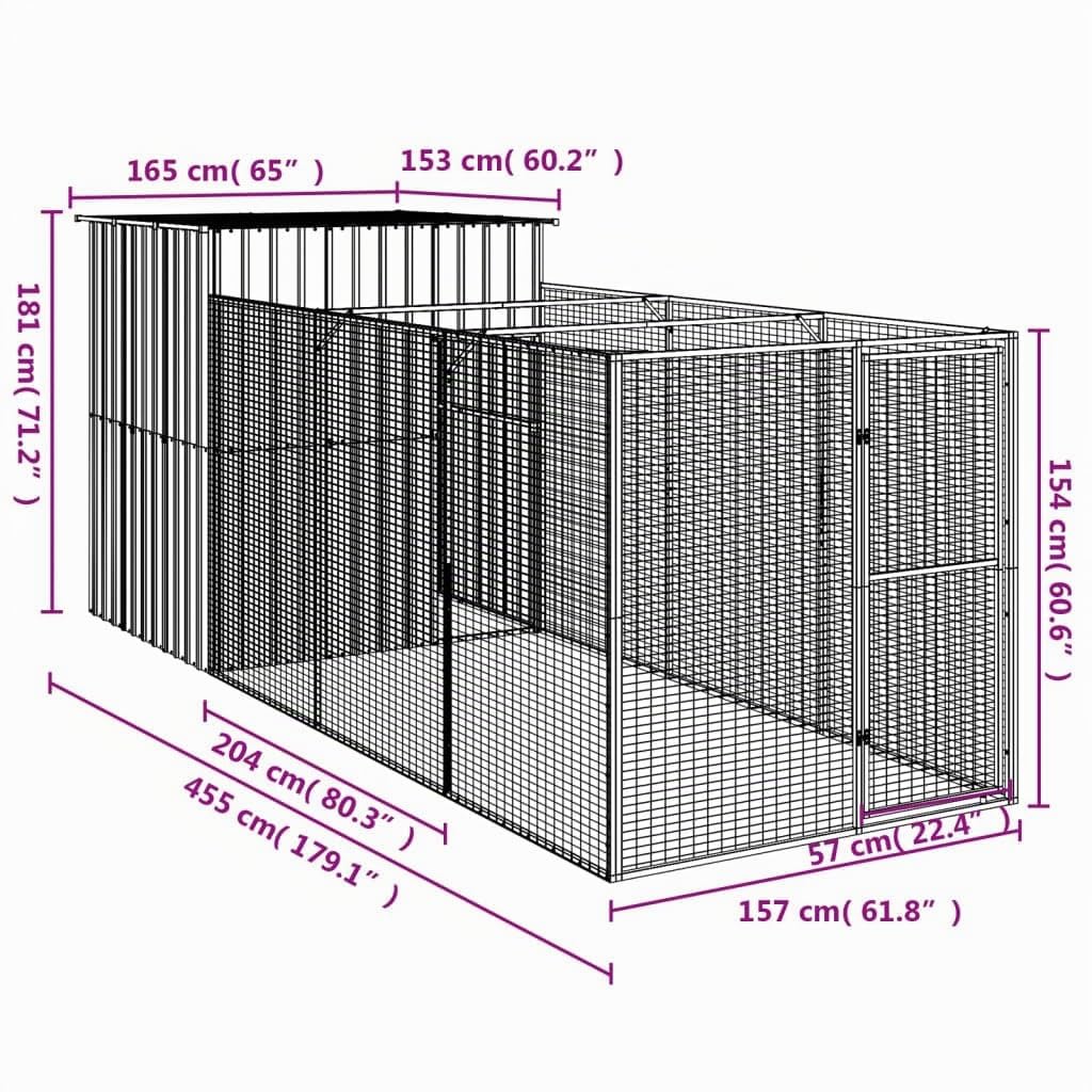 Niche pour Chien Extérieur Métal, Chenil d'extérieur Enclos Cage pour Chien avec Cour Anthracite 165x455x181 cm