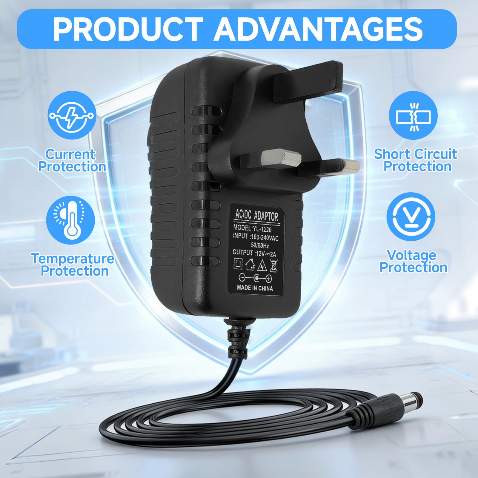 12V 2A Power Supply AC Adapter with 8 DC Plug Tips, Universal AC to DC Converter for LED Strip Lights, CCTV Camera, Router, TV Box and Other 12V Devices, 24W Max Output — view 6