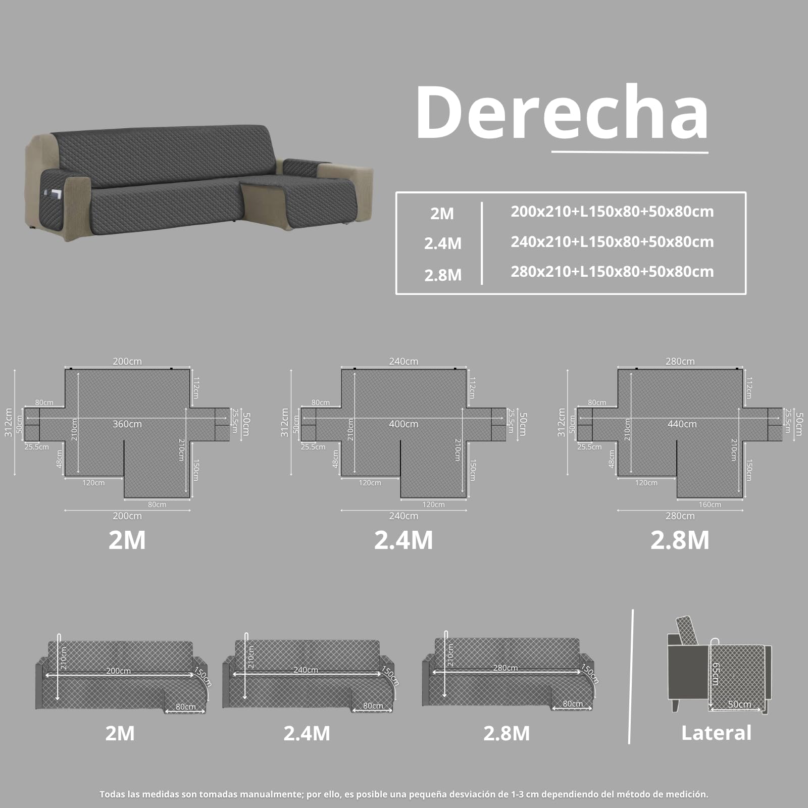 DALINA Funda de Sofá Chaise Longue Derecha (2m de Ancho Total) Impermeable y Antideslizante, Cubre Sofá Ajustable con Bolsillos, Apto para Mascotas, Resistente al Desgaste, Lavable - Gris Oscuro