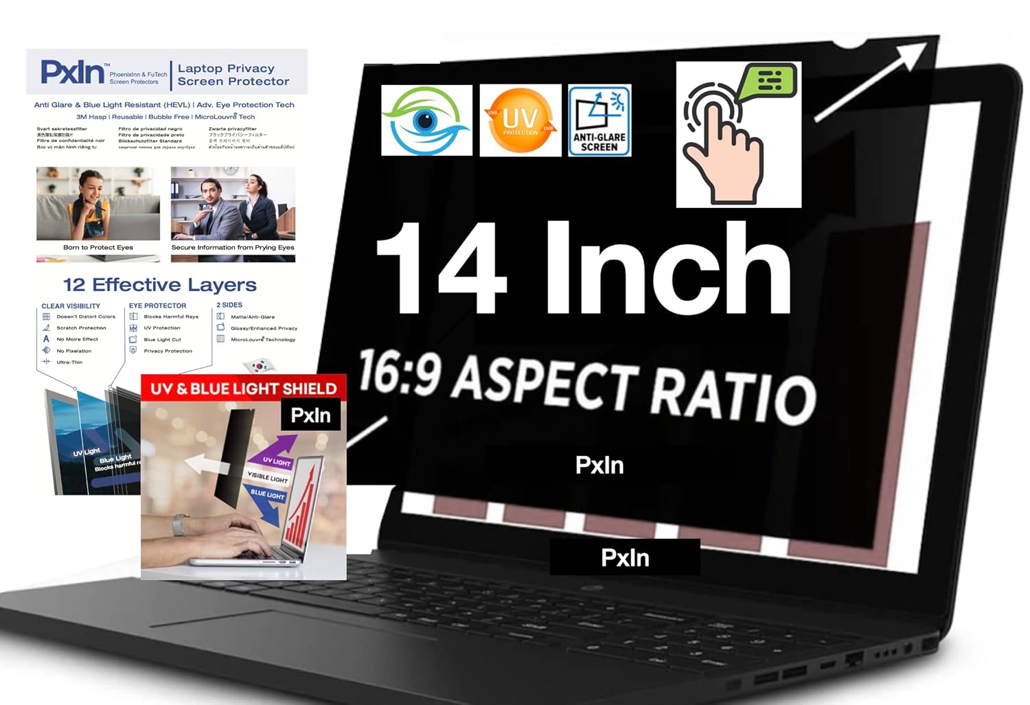 PxIn 14 Inch Privacy Screen Filter NO Eye Strain AntiBlue Light