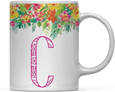 Andaz Press 11oz. Coffee Mug Gift, Tropical Floral Hibiscus Flowers Garden Party, Monogram Letter C, 1-Pack, Includes Gift Box, Christmas Birthday Mothers Day Graduation Coworker Present Ideas
