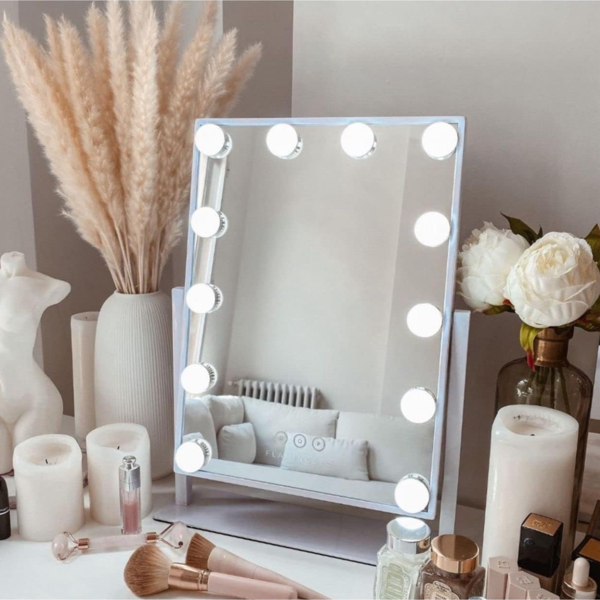 Espejo de Maquillaje con Iluminación LED, 15 Bombillas, 3 Modos de Luz, Control Táctil, USB Recargable, Aumento