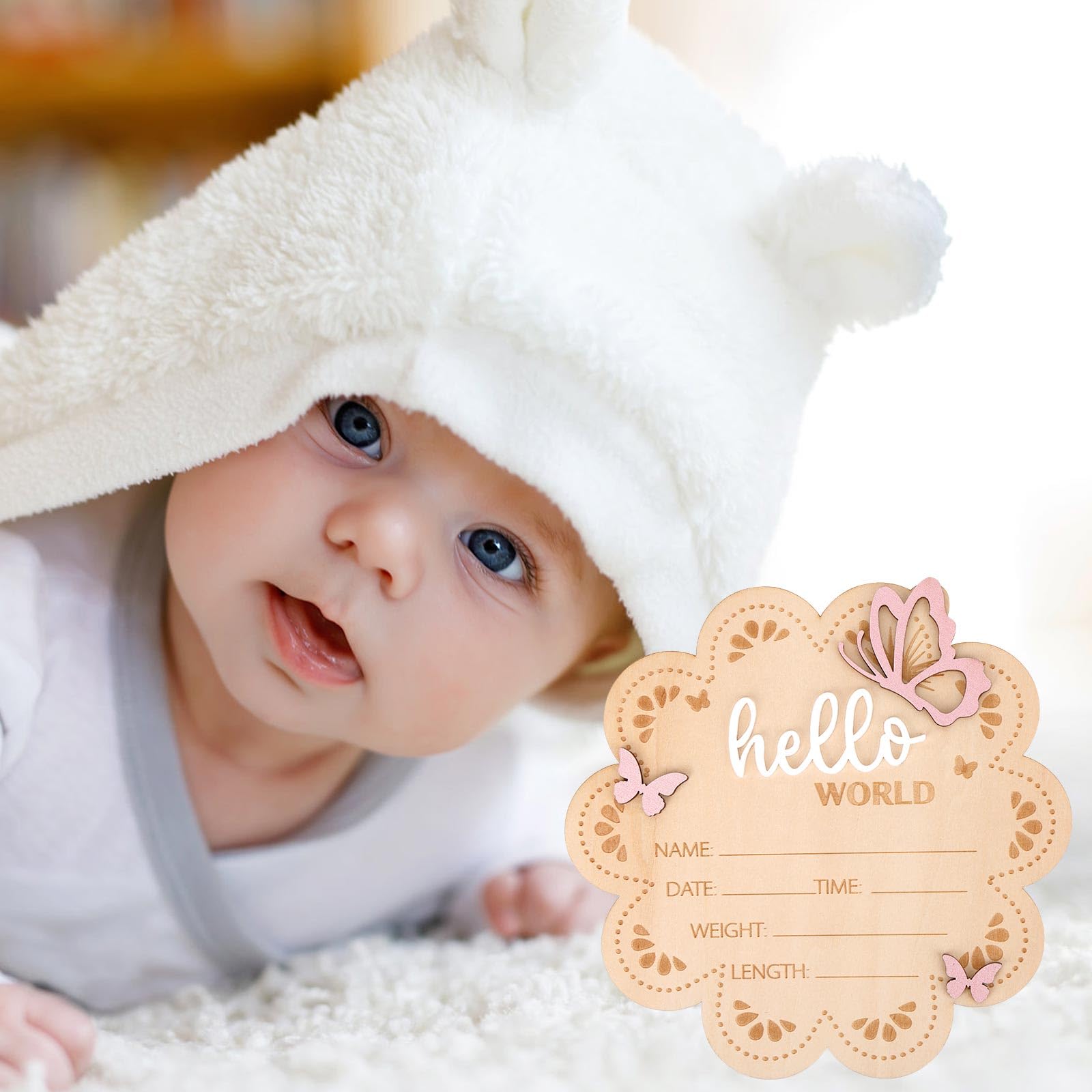 Bonjour le Monde Panneau Annonce de Naissance, Papillon en Bois Plaque Nominative pour Bébé Panneau d'Annonce Naissance pour Accessoires Photo Baby Shower Hôpital Décoration Chambre d'Enfant