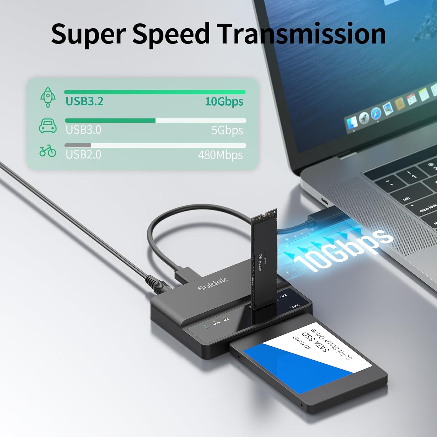 NVMe SSD Enclosure, 10Gbps USB to M.2 and SATA Adapter Tool Free PCIe NVMe External Hard Drive Reader Compatible with M.2(M Key&M+B Key) Any Sizes and 2.5"/3.5" SATA SSD/HDD