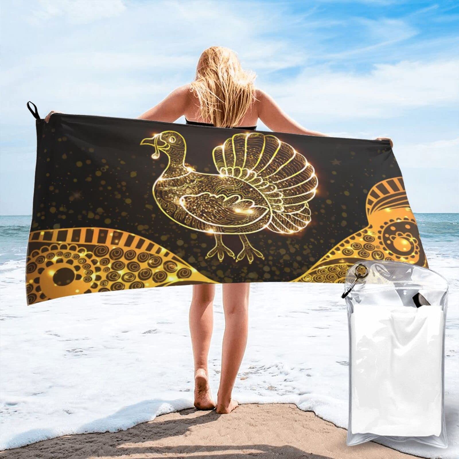 Lawenp Thanksgiving Turkeys 2 Microfiber Beach Towel Adults Large Quick Drying Bath Towel Travel Towels with Pouch 31.5"x63"
