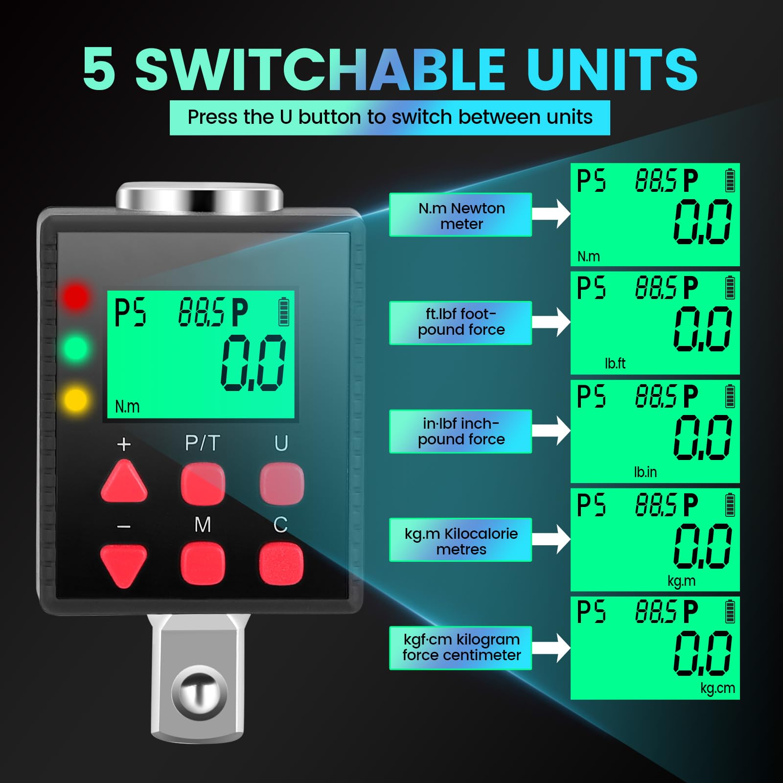 Adaptateur de Couple Numérique 1/2", 3.4-340Nm Clé Dynamométrique Numérique Outillage Mecanique Auto, Mode P/T, Stockage de Données, LED et Alerte Sonore, 1/4" 3/8" Adaptateur pour Auto, Moto