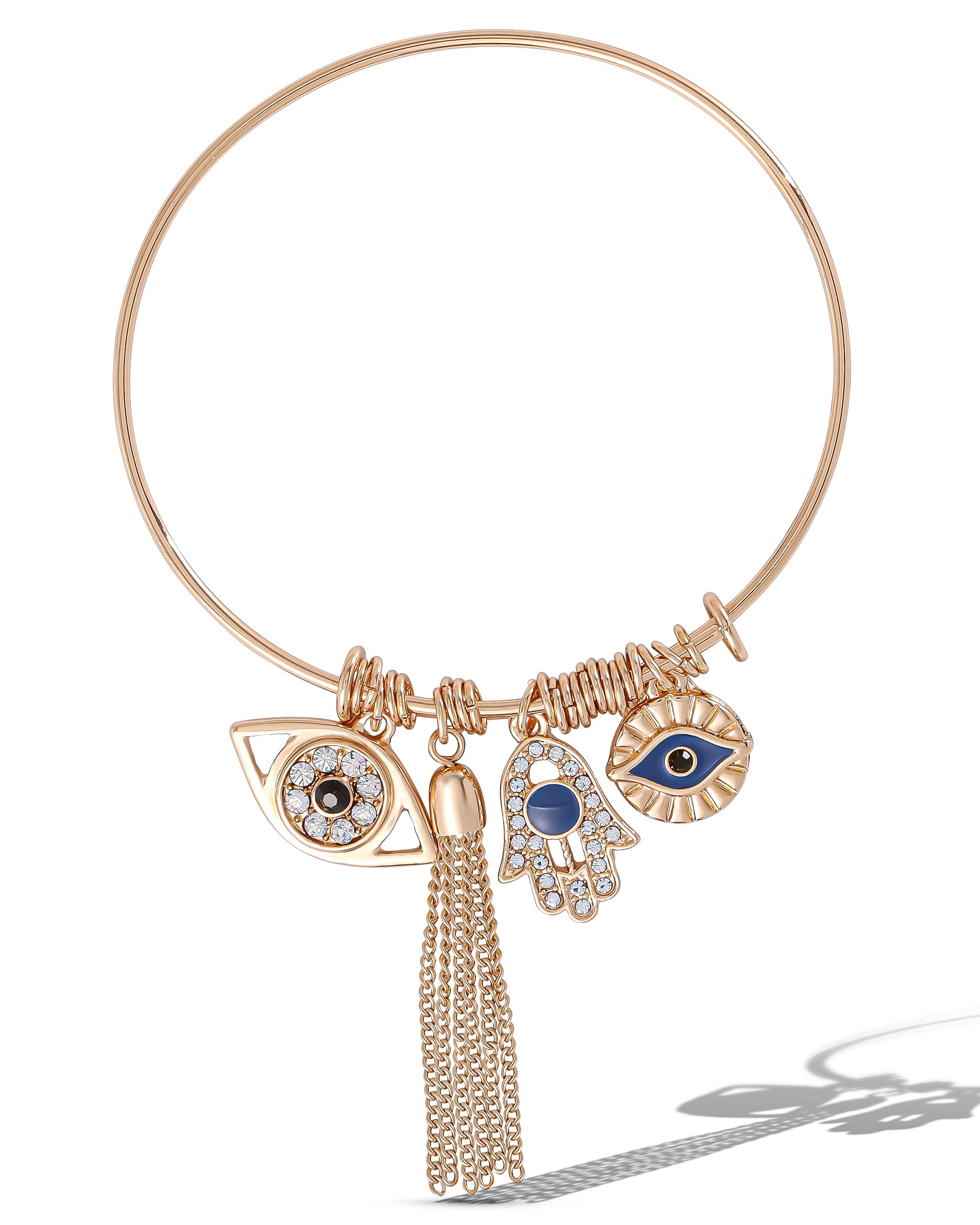 Jessica Simpson Lucky Evil Eye and Tassel Charms Bangle for Women 7.25", Gold-Tone Evil Eye Bracelet