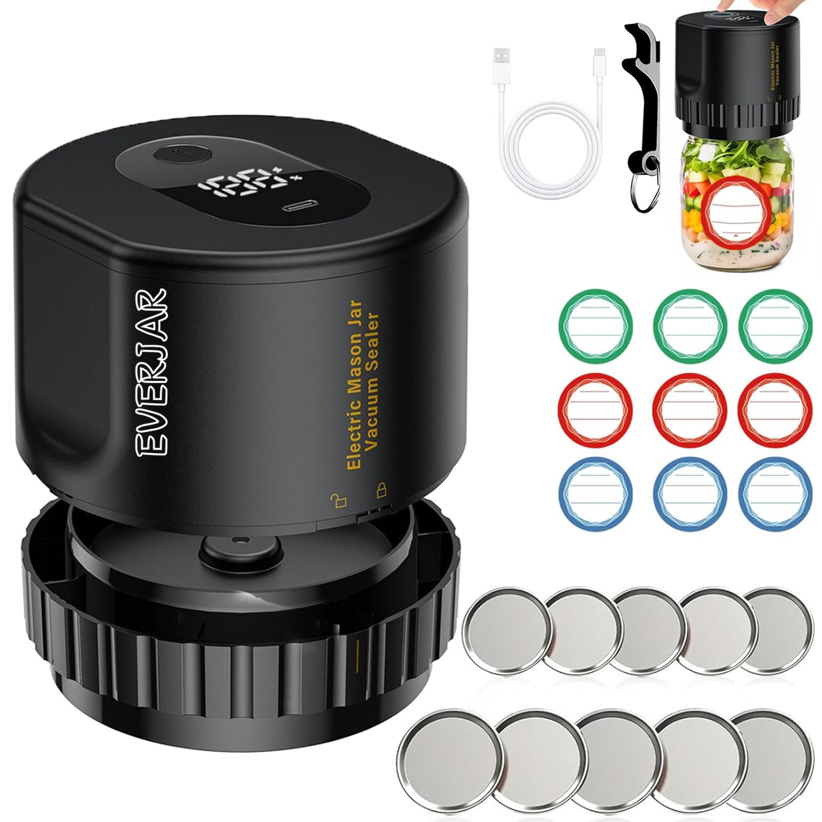 Generic Everjar - Mason Jar Vacuum 2 IN 1 Design Electric Mason Jar Vacuum Sealing Kit, Fully Automatic Suction Stop Food Storage Vacuum Sealer for Wide Mouth and Regular Mouth Mason Jars