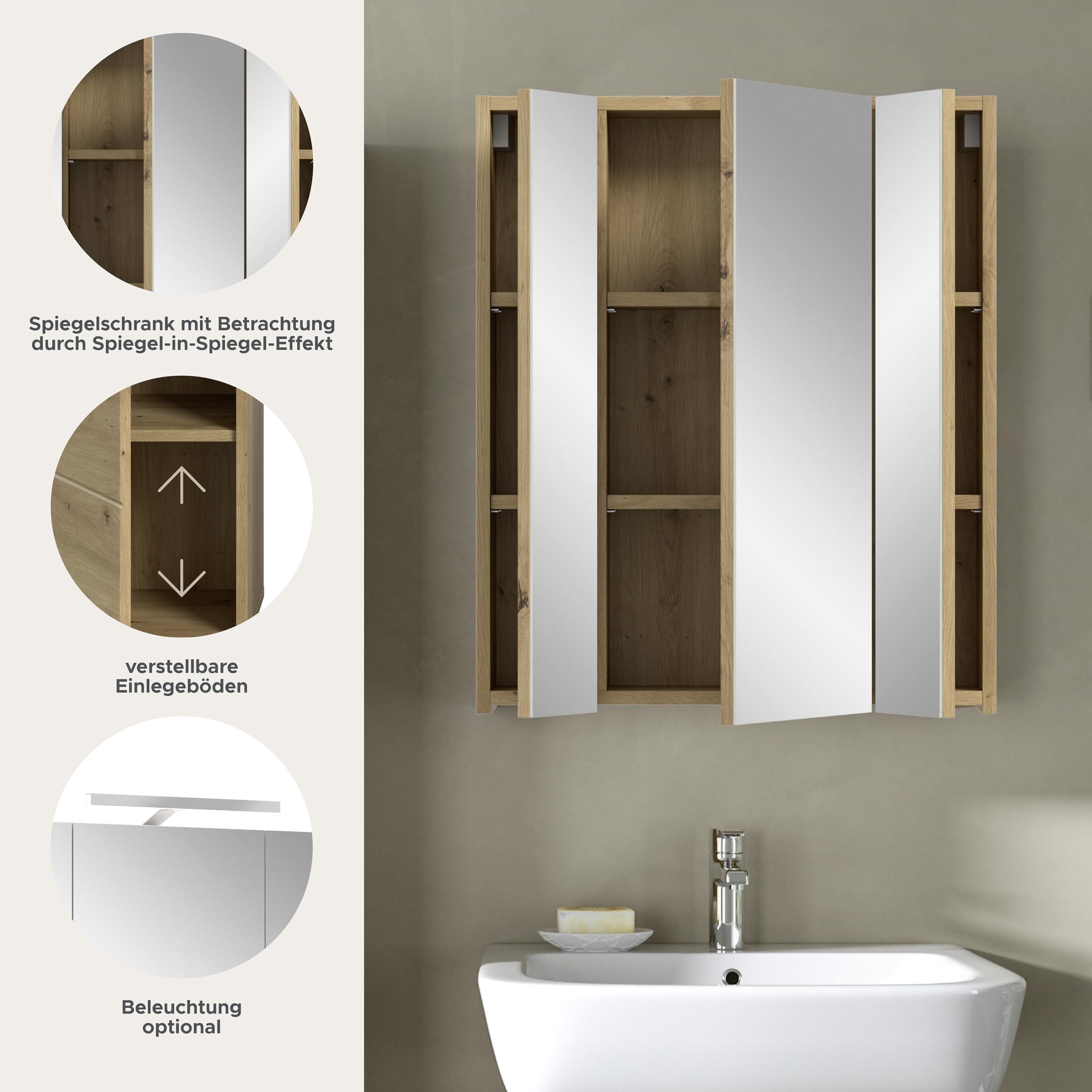 xonox.home – Spiegelschrank Ice 60x70x18 cm in Korpus und Front Artisan Oak Nachbildung – Spiegelschrank mit dunkler Holzoptik – funktional & modern – Bild 7