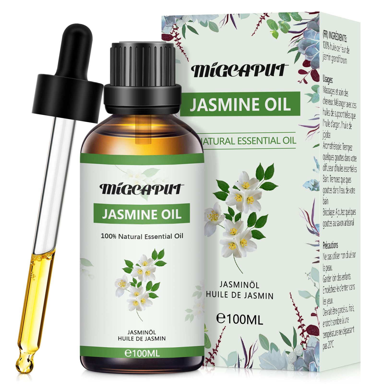 MIGCAPUT Aceite Esencial de Jazmín 100ML, 100% Natural Aceite de Fragancia Premium, Aceites Esenciales de Aromaterapia para Humidificador Difusor, SPA, Masaje, Dormir, Jabón Artesanal