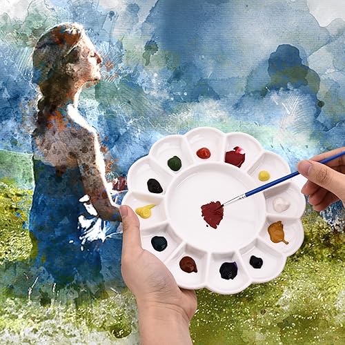 Miniatura 5 de 8 pulgadas 13 Wells Artist Paleta de pintura de cerámica, bandeja de mezcla de pintura de acuarela de cerámica circular para acuarela gouache