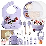 O\'doe 17-Piece BPA-Free Silicone Baby Feeding Set | Thick & Soft Suction Plates, Baby Bowls, Wooden Fork & Spoon, and More | Make Mealtime Fun and Easy for Your Little One (Purple, V2)