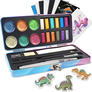 Watercolor Paint Set, 18 Colors Glitter Watercolor Paint Kit 12 Metallic & 6 Chameleon, Portable Travel Set with Water Brush Pen, Pencil, Eraser, Paper - Ideal for Drawing and Art Supplies, Adults, Beginners