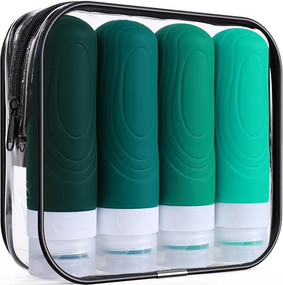 GLAMFIELDS Travel Bottles for Toiletries, 3oz Size TSA Approved Leak Proof Silicone Containers for Shampoo, Conditioner,Easy to Squeeze and Portable, Essentials for Traveling (4 Pack) Green