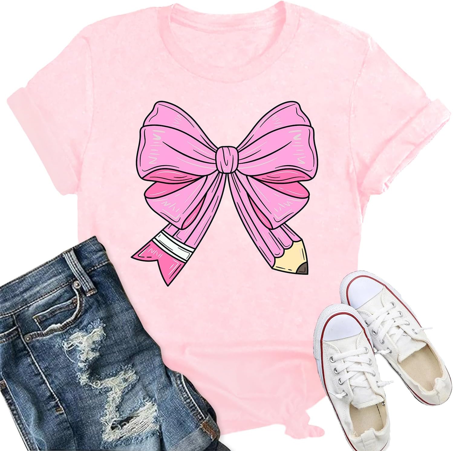 Teacher Shirts for Women Cute Bow Pencil Teacher T-Shirt Back to School Teaching Life Tee