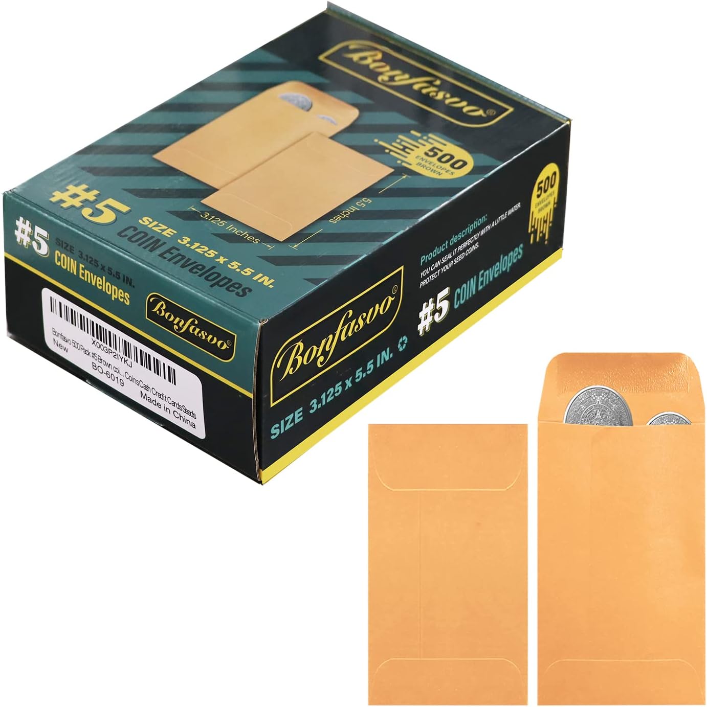 Bonfasvo 500 Pack 5 Brown coin envelope 3.125 x 5.5