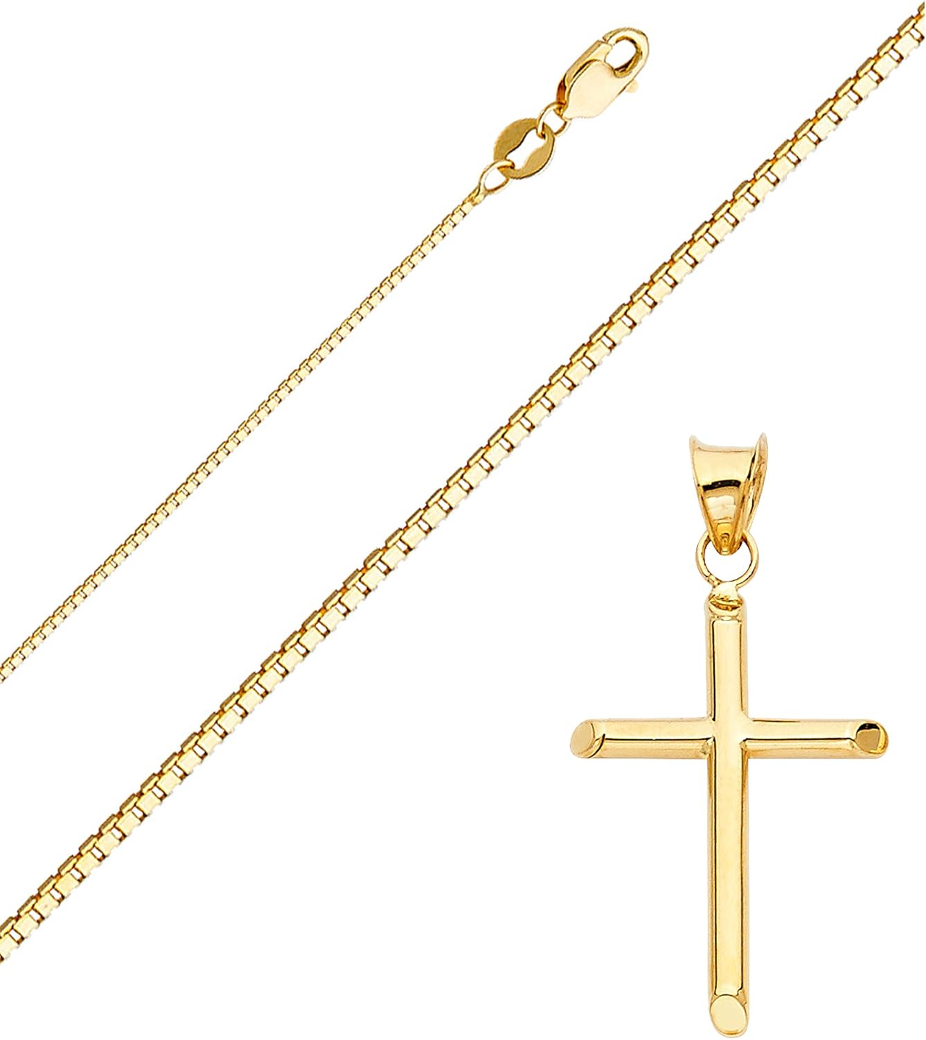 14K Yellow Gold Box Chain Cross Pendant Necklace - Real Yellow Gold Religious Charm Pendant Necklace - Ideal Gift for Men and Women
