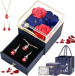 Caixa Rotativa Rosa Eterna, Presente Mulher, com Colar E Brincos para Caixa de Presente de Joias Flor de Rosa, Presente Feminino, Rosa Eterna, Colar Feminino, Presente para Mãe