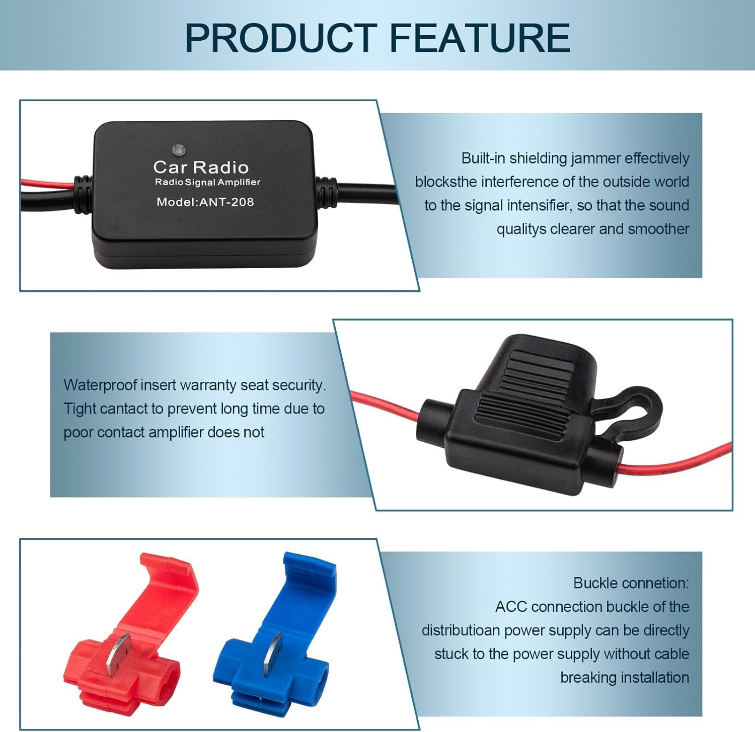 Amplificatore Antenna Autoradio 12V-24V - Per FM/DAB, Guadagno 25dB, Con Clip E Adesivo