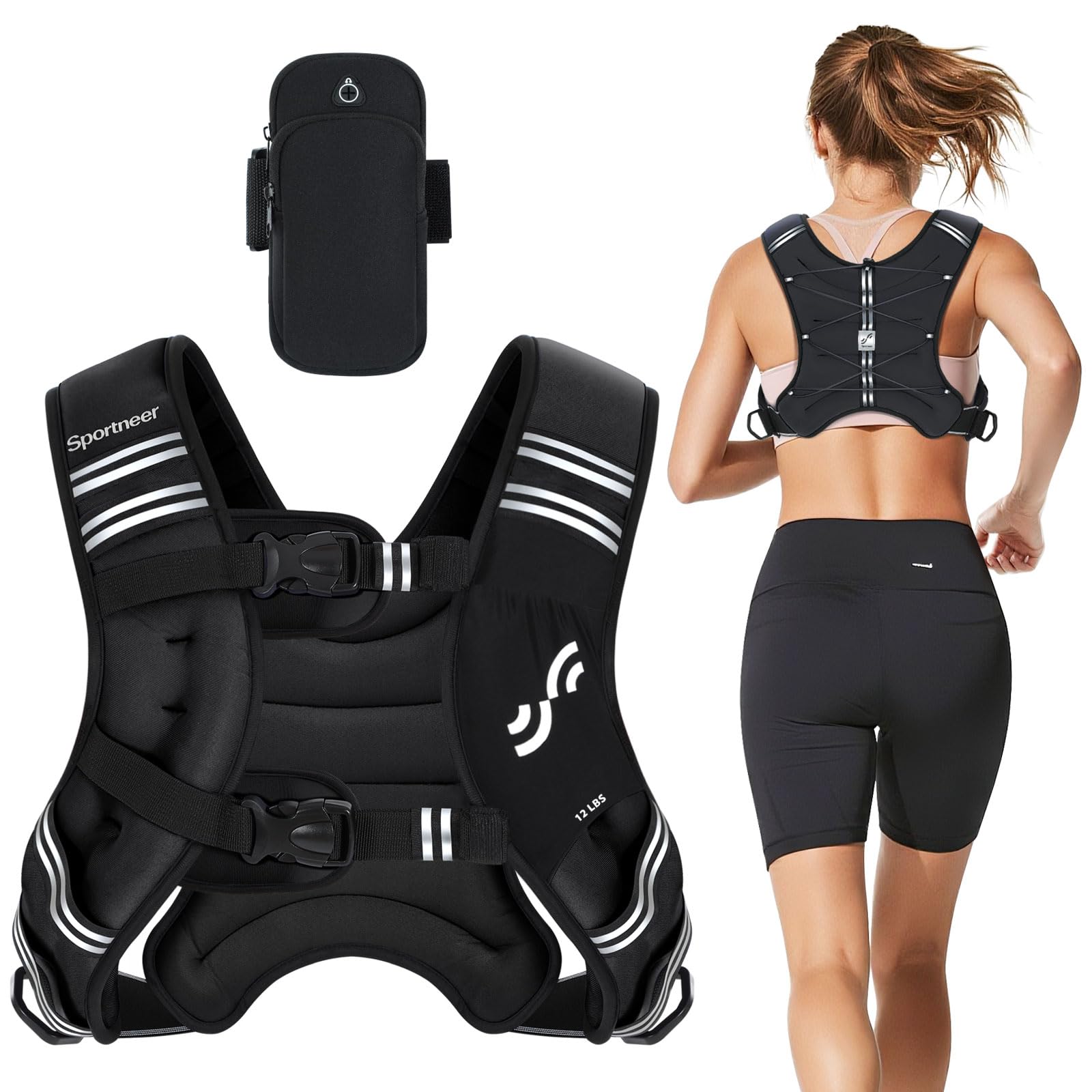 Sportneer Gewichtsweste mit reflektierenden Streifen für Gewichtheben, Laufen und Fitness 3,6 kg/ 5,4kg/ 6,8 kg/ 9kg/ 11kg, Brustgröße Verstellbar, Praktische Tasche, Gefüllte Gewichtsweste