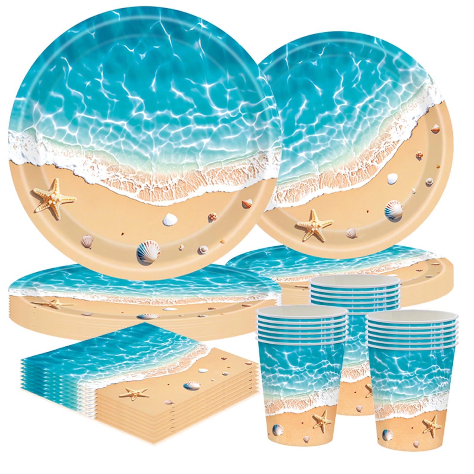 Ozean Strand Partygeschirr Set, 50-teiliges Ozean Geburtstag Party Set mit Papptellern, Tassenn & Servietten – für 10 Sommer Meeresdeko für Kindergeburtstag Party Deko