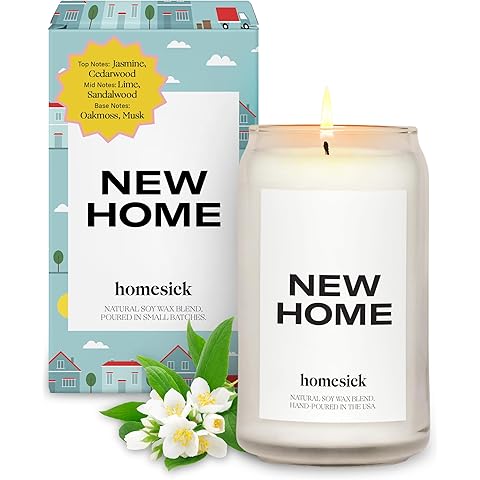 Homesick Scented Candles for Home (New Home) - 13.75 oz Long-Lasting Soy Wax Blend Jar Candle for Housewarming, 60-80 Hours Burn Time - Notes of Jasmine, Cedarwood, Lime, Sandalwood, Oakmoss & Musk