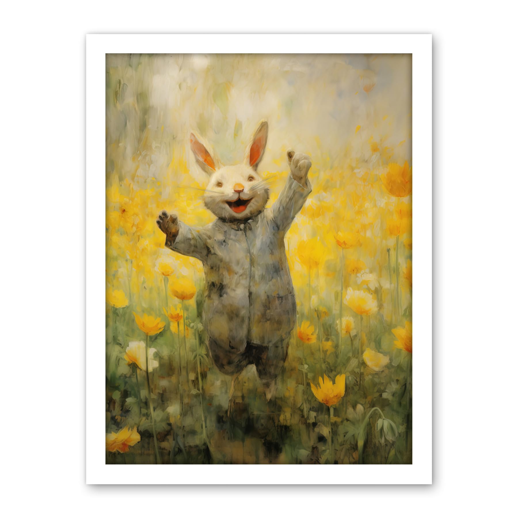 Artery8 Tulips and Rabbit Watercolour Fun Kids Baby Nursery Artwork Framed Wall Art Print 18X24 Inch