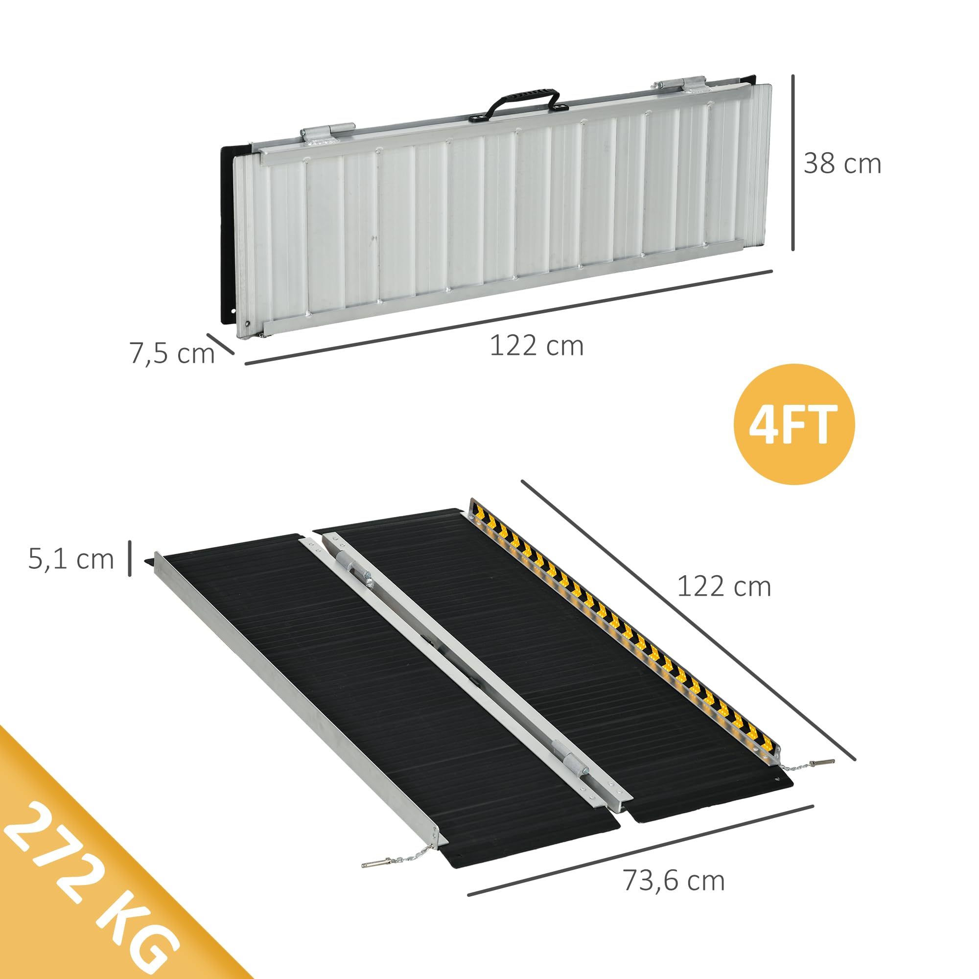 HOMCOM Rampa para Sillas de Ruedas Plegable de Aleación de Aluminio 122 cm Rampa Portátil con Adhesivos Reflectantes Carga 272 kg Negro