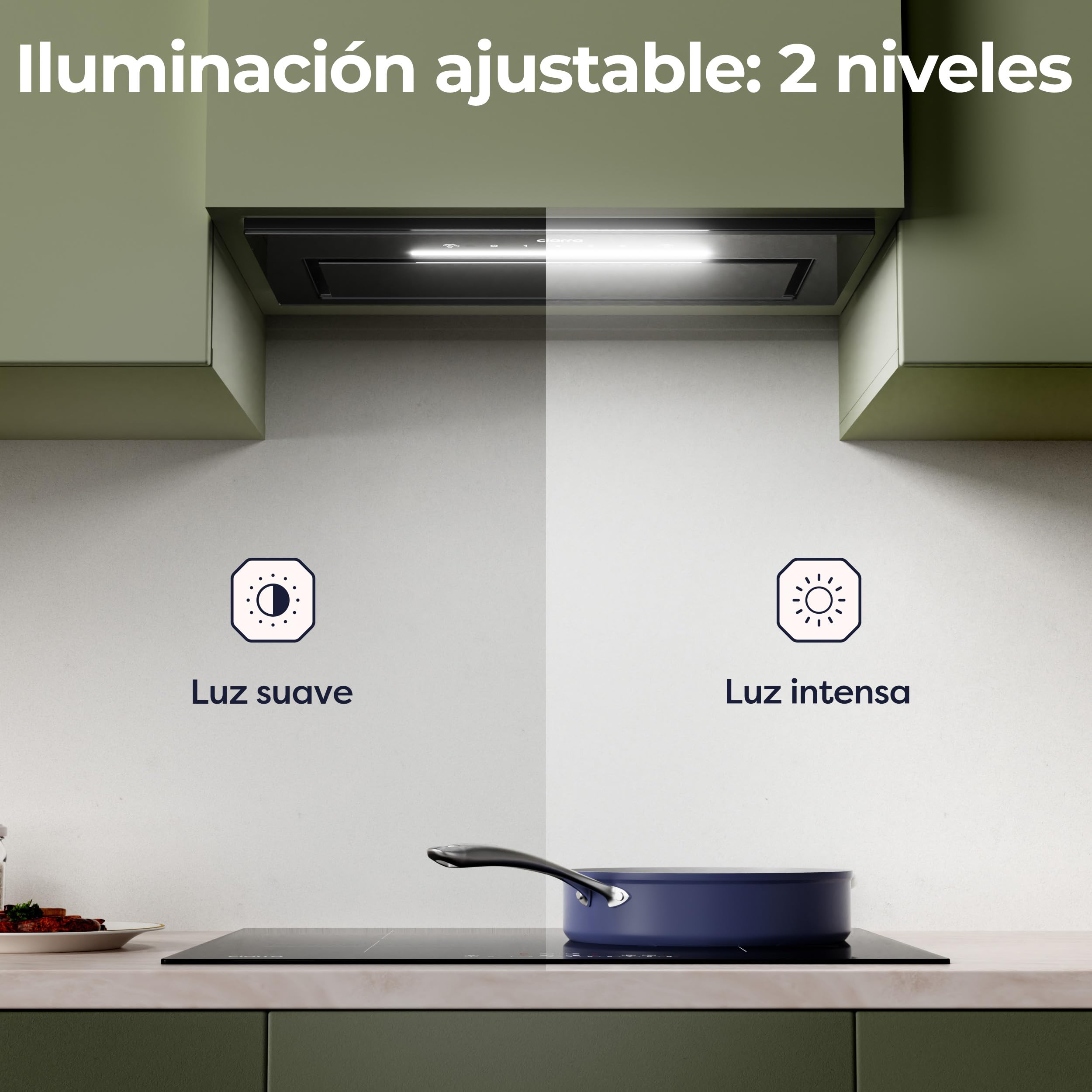 CIARRA CBCB5931A Campana Extractora Integrada de 52 cm Control de Onda 59dB | 466m³/h Ventilador Extractor de Cocina Integrado, Luz LED, Filtro de Carbono CBCF055 incluido