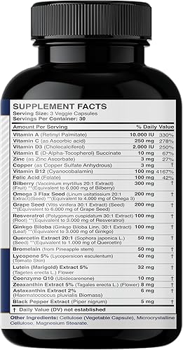 Miniatura 9 de Suplementos de luteína y zeaxantina - Vitaminas para la salud ocular - Astaxantina, Omega 3, resveratrol, arándano, licopeno, quercetina, ginkgo