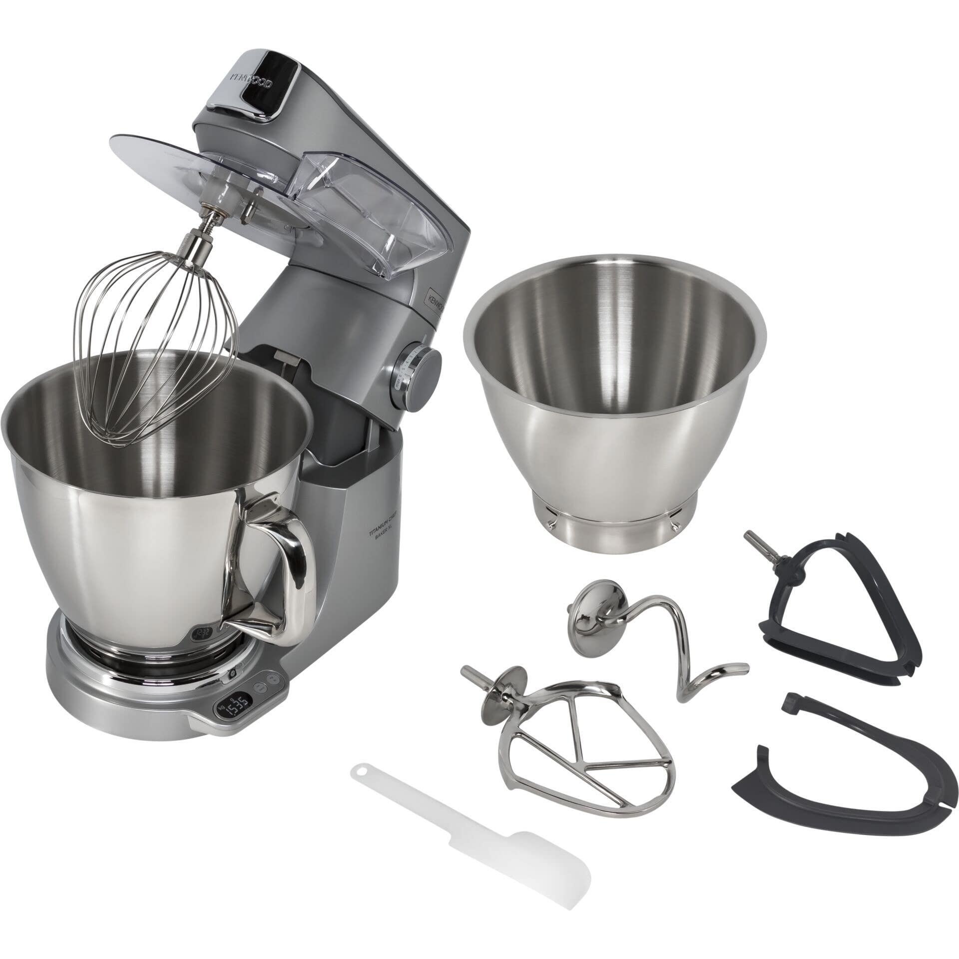 Kenwood Titanium Chef Baker XL Mutfak Şefi Gümüş KVL85.004SI - Stand Mikser, Hamut Yoğurma Makinesi, Entegre Tartı, 1200 Watt, Sıçrama Önleyici Kapak, 4 Hazne içi Aparat