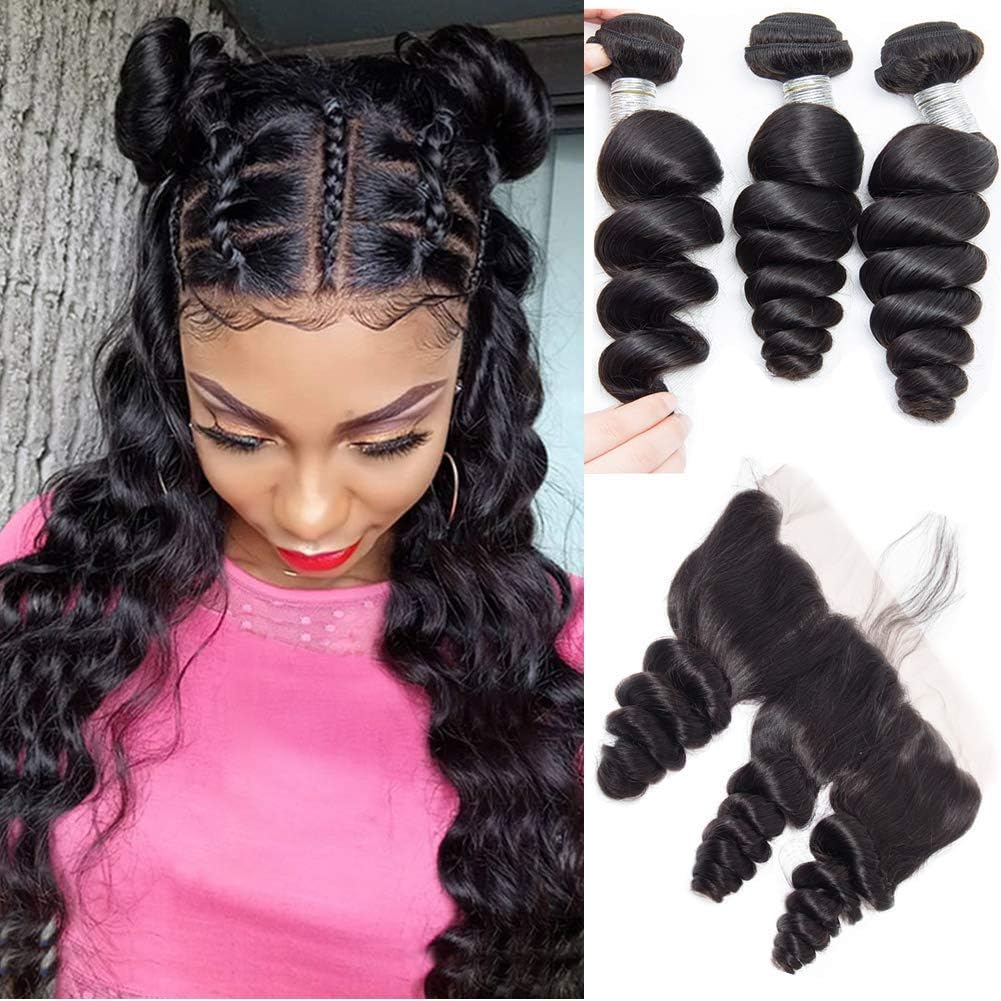 Brazilian Loose Wave Frontal with Bundles with Lace Closure Frontal 100% Virgin Unprocessed Human Hair Brazilian Loose Wave Hair Bundles with Frontal Human Hair with Baby Hair Free Part （14 14 14+14）