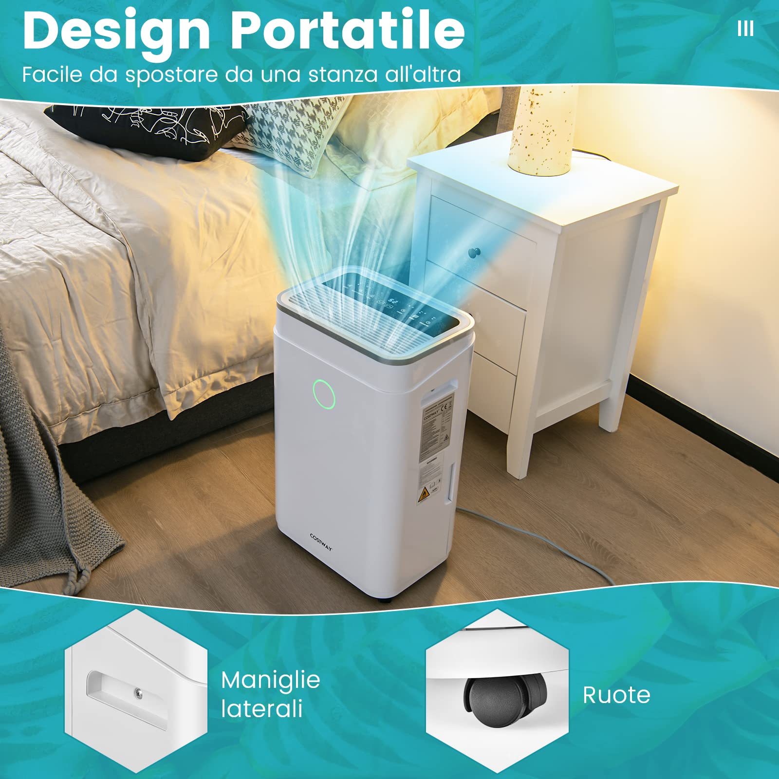 COSTWAY Deumidificatore Casa 25 L al Giorno, con Tubo di Scarico, Scarico Automatico o Manuale, Timer 24 ore, Protezione Straripamento e Serbatoio dell’Acqua 6,5 L per Spazi Fino a 30 m2