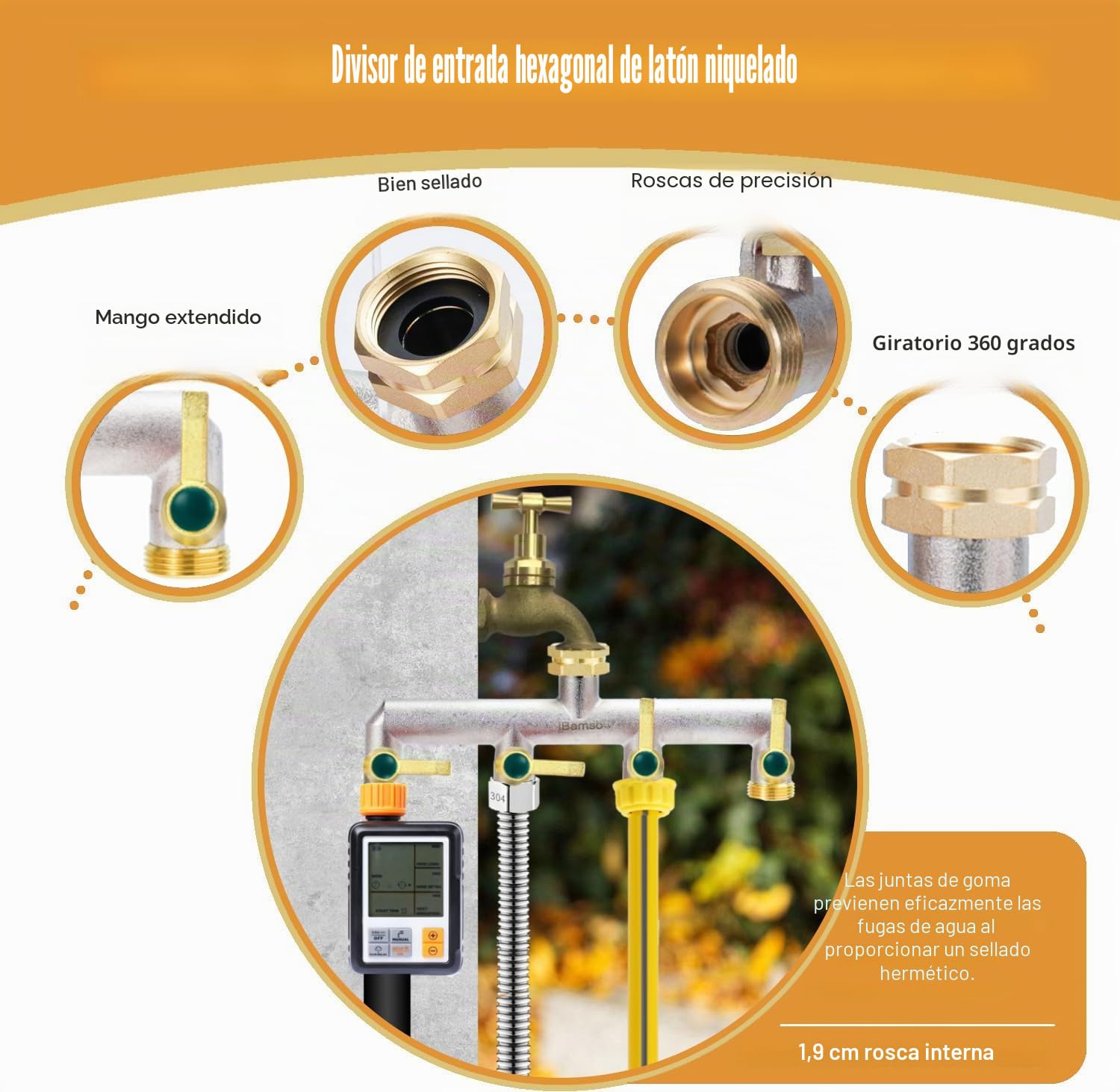 Divisor de manguera de jardín, divisor de grifo de 4 vías, adaptador de manguera divisor de grifo de latón resistente de 3/4 pulgadas, conector de grifo de mango de metal extendido con válvulas