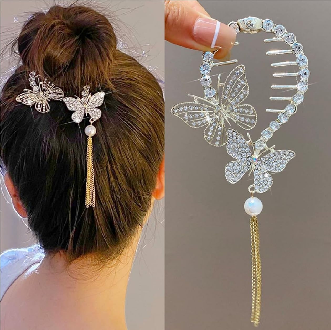 TASMAI MARKETING Butterfly Hair Clip Set, Gold Metal with Rhinestones and Tassel, Bun Clip for Hair Styling,Hair Claws Clip,Fashion Hair Supplies,Juda Clip (Twin Butterfly Rhinestone Bun) 3
