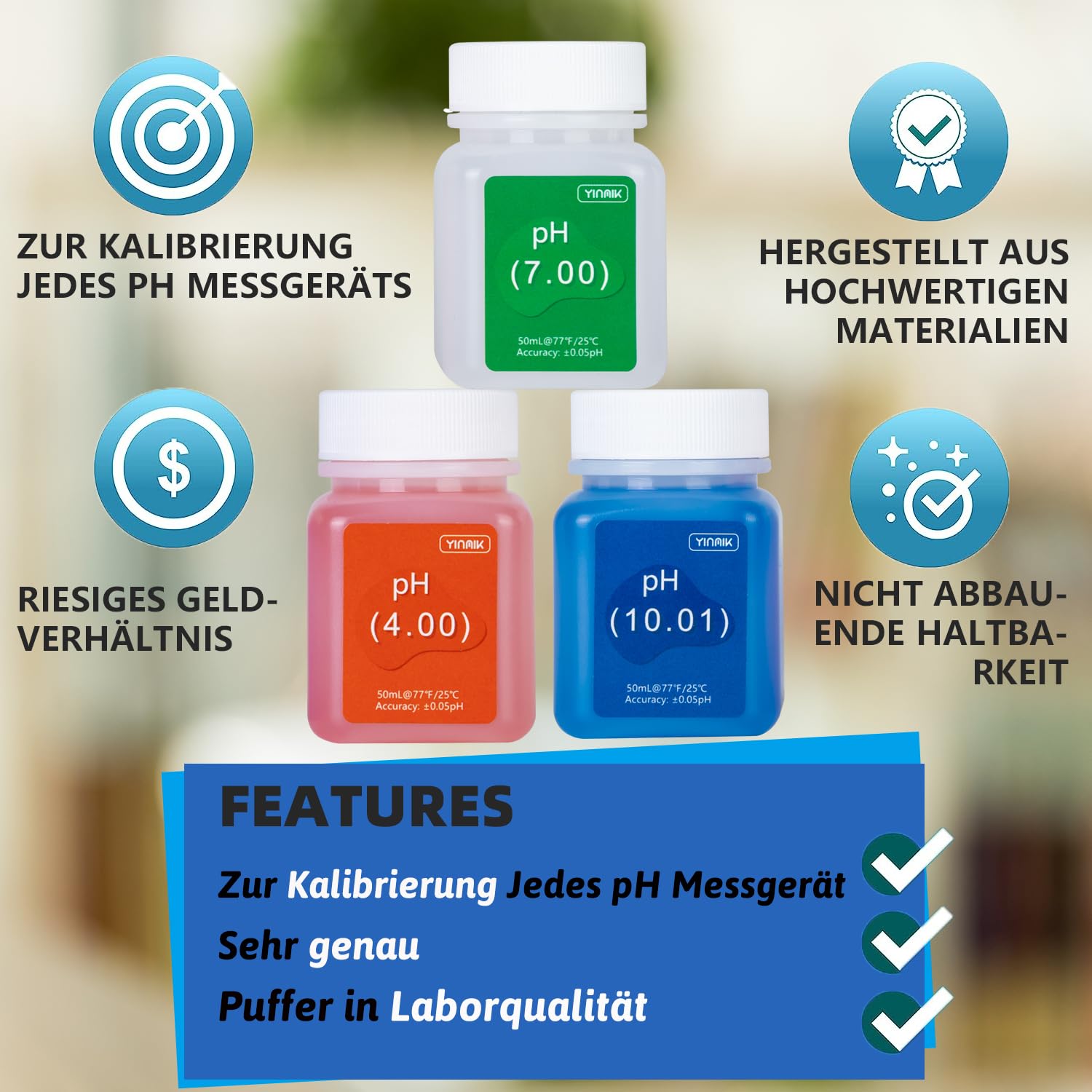 YINMIK pH Messgerät Kalibrierung Slösungs Kit (4.00, 7.00 und 10.01) mit pH Schutzlösungs Set, 3 Flaschen 50 ml pH Kalibrierung Spufferlösung und 2 Flaschen 10 ml KCL pH Sondenlösung für pH Messgerät