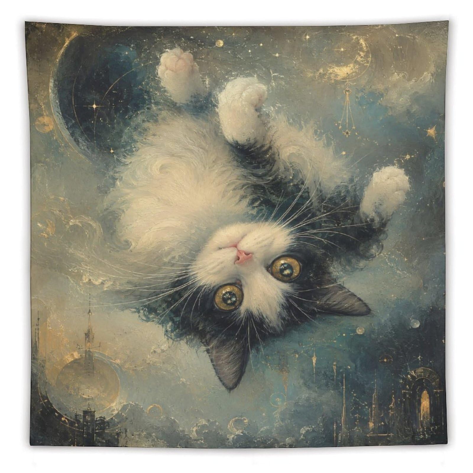 H3B8U2Y5 Upside Down Cat Moonlit Wall Tapestry, Expressive Eyes