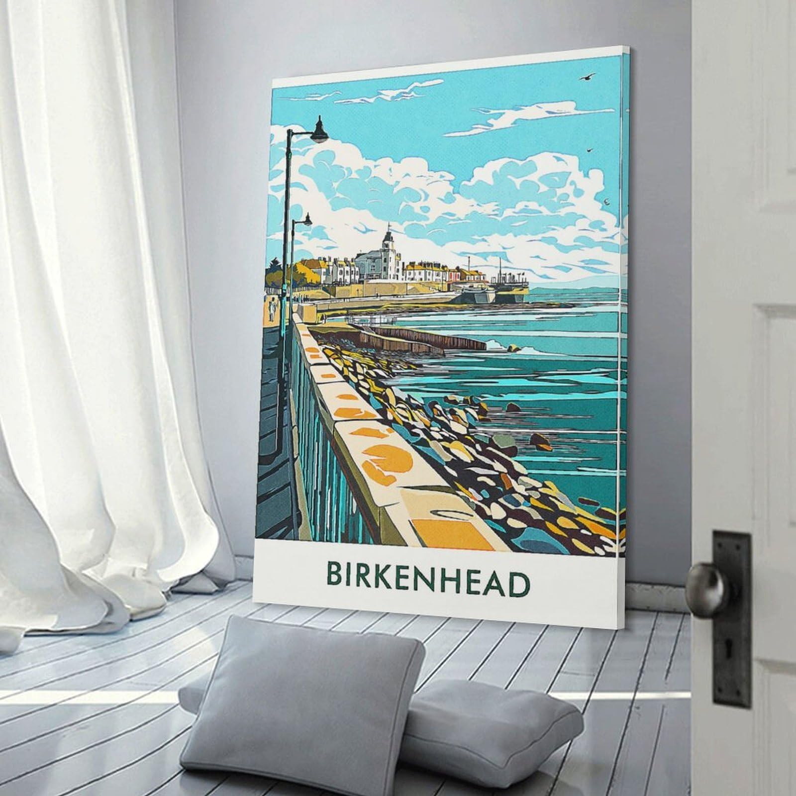 Junmoney Birkenhead Coastal View Canvas Wall Art, 08x12inch(20x30cm), for Bedroom Decor, Cosy Corners Or Studios, Stylish Decor for A Restful Room Update
