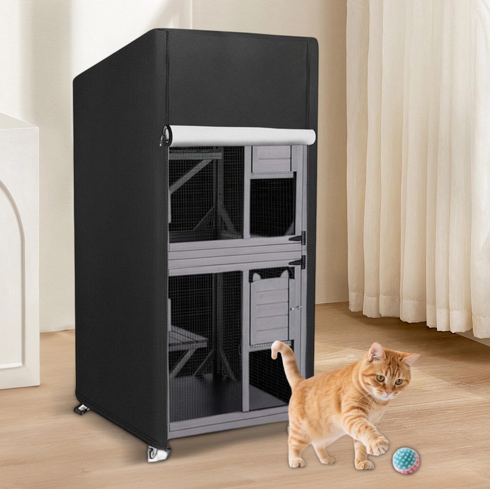 Katzenhaus-Abdeckung, wetterfest, robustes 600D-Oxford-Gewebe für großes Katzenhaus im Freien, 84 x 84 x 180 cm, wasserdicht, winddicht mit Reißverschluss-Tür, Schwarz