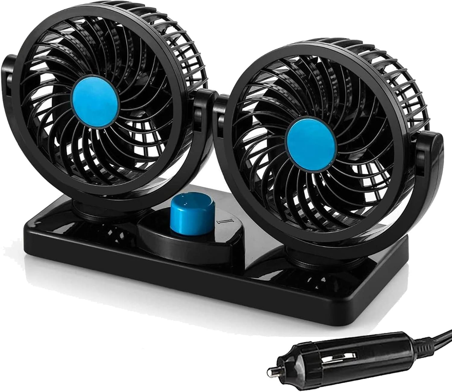 Car Fan 12V, 360 Degree Rotatable Electric 2 Speed Dual Head Fans-Low Noise Strong Dashboard Cooling Air Circulator Fan (All Black)
