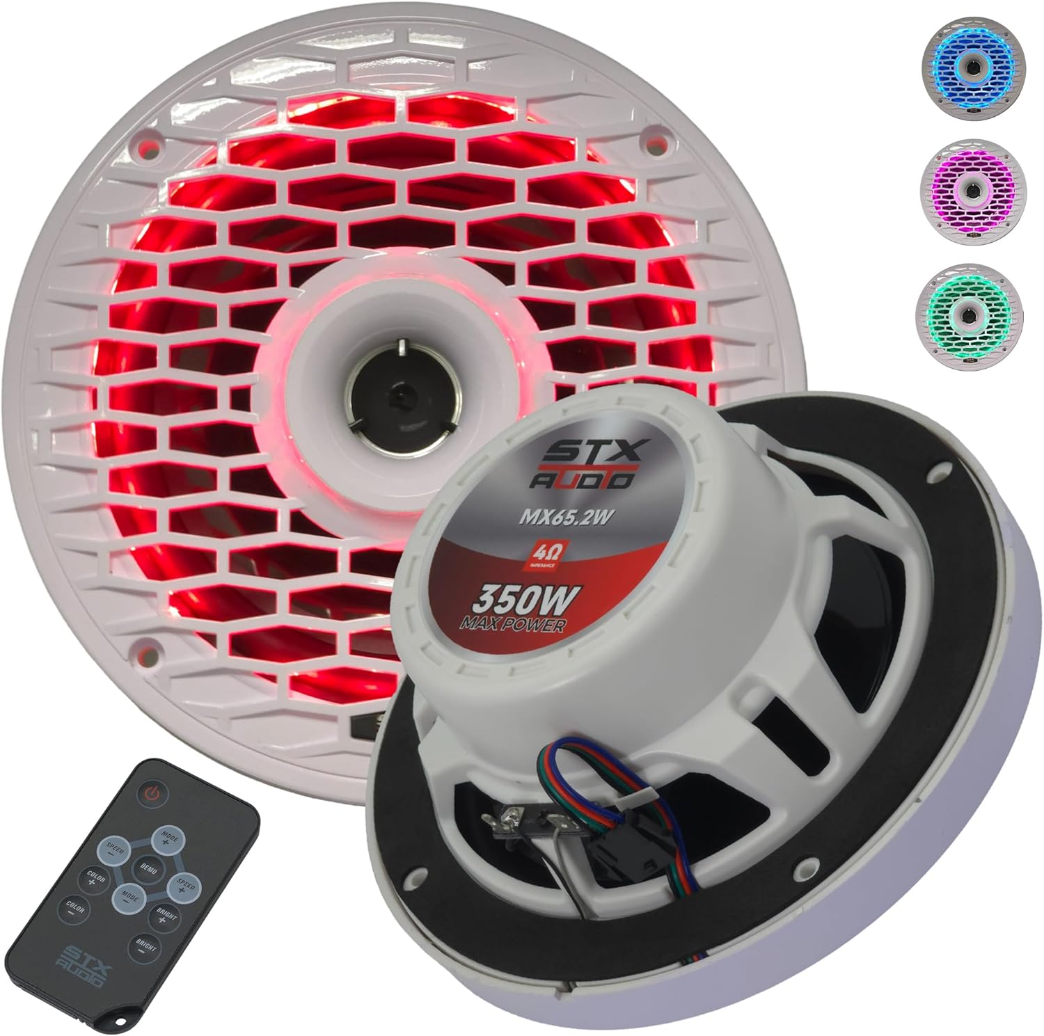 STX Audio MX65.2W 6.5-Inch 2-Way RGB LED Marine Coaxial Speakers, 350W Max, 4 Ohms, Water-Resistant with Remote Control for RGB Illumination (2 Speakers)